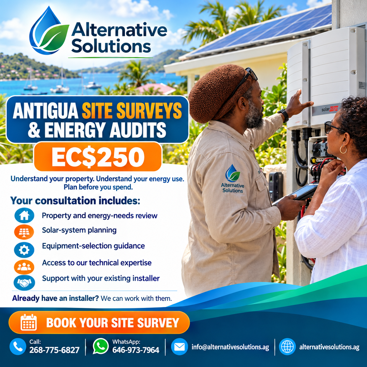 Alternative Solutions site survey and energy audit in Antigua, EC$250, with Alexis Lewis
