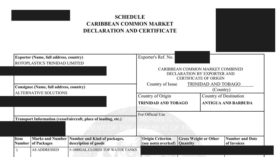 Redacted CARICOM Certificate of Origin confirming Rotoplastics water tanks originated in Trinidad and Tobago.